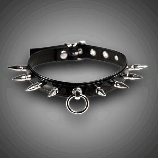 Kunstlederhalsband  Lack mit Spikes & O-Ring 2,0 cm