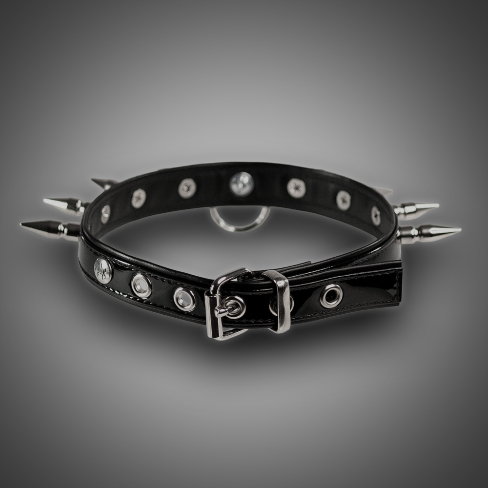 Kunstlederhalsband Lack mit Spikes & O-Ring 2,0 cm – Bild 3