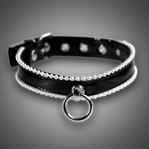 Kunstlederhalsband Lack mit weißen Perlen 2,0 cm