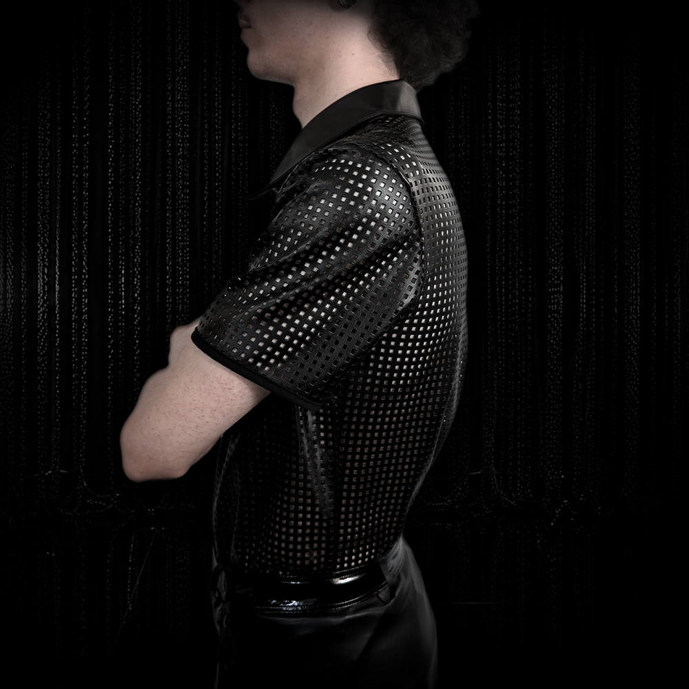 Polo Shirt Kunstleder perforiert schwarz – Bild 3