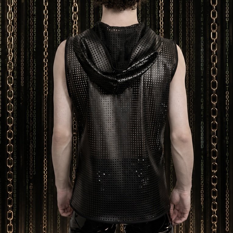 schwarzes perforiertes hoodie tanktop kunstleder