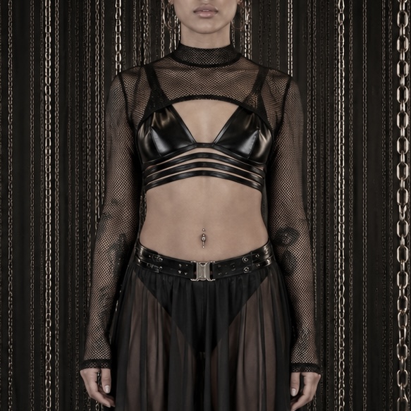 Schwarzes Mesh Croptop Turtleneck