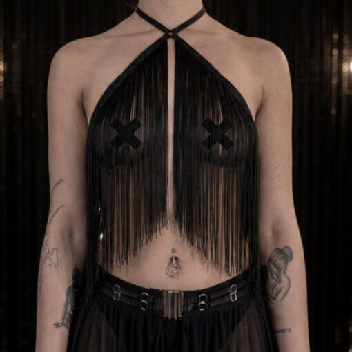 schwarzes fringe top neckholder