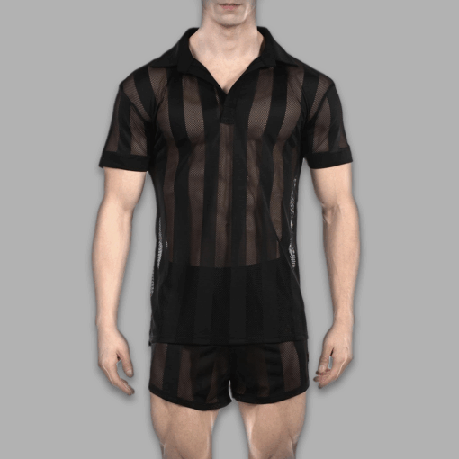 Mesh Poloshirt Herren Schwarz streifenoptik