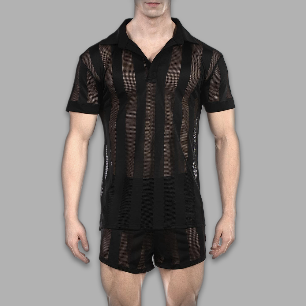 Mesh Poloshirt Herren Schwarz streifenoptik