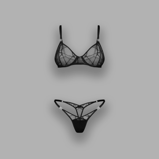 Bügel-BH des Sets Olianna BH & String schwarz mit transparentem Soft-Mesh und silberfarbenen Details
