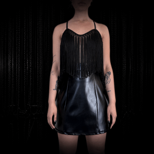 Minikleid NEA in Lederoptik mit transparentem Mesh und 30 cm Fransen