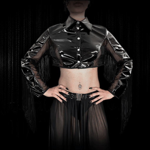 Lackkurzjacke NOXA mit glänzendem Vinyl-Kunstleder und transparenter Diamond-Mesh-Rückseite