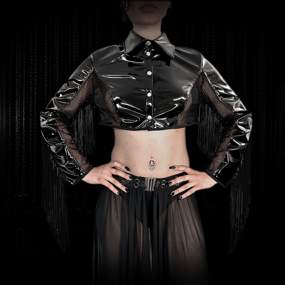 Lackkurzjacke NOXA mit glänzendem Vinyl-Kunstleder und transparenter Diamond-Mesh-Rückseite