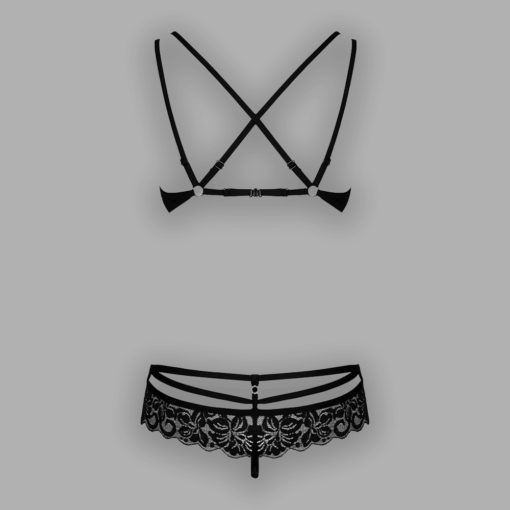 Detail der dekorativen Metallringe des Spitzensets BH & String schwarz