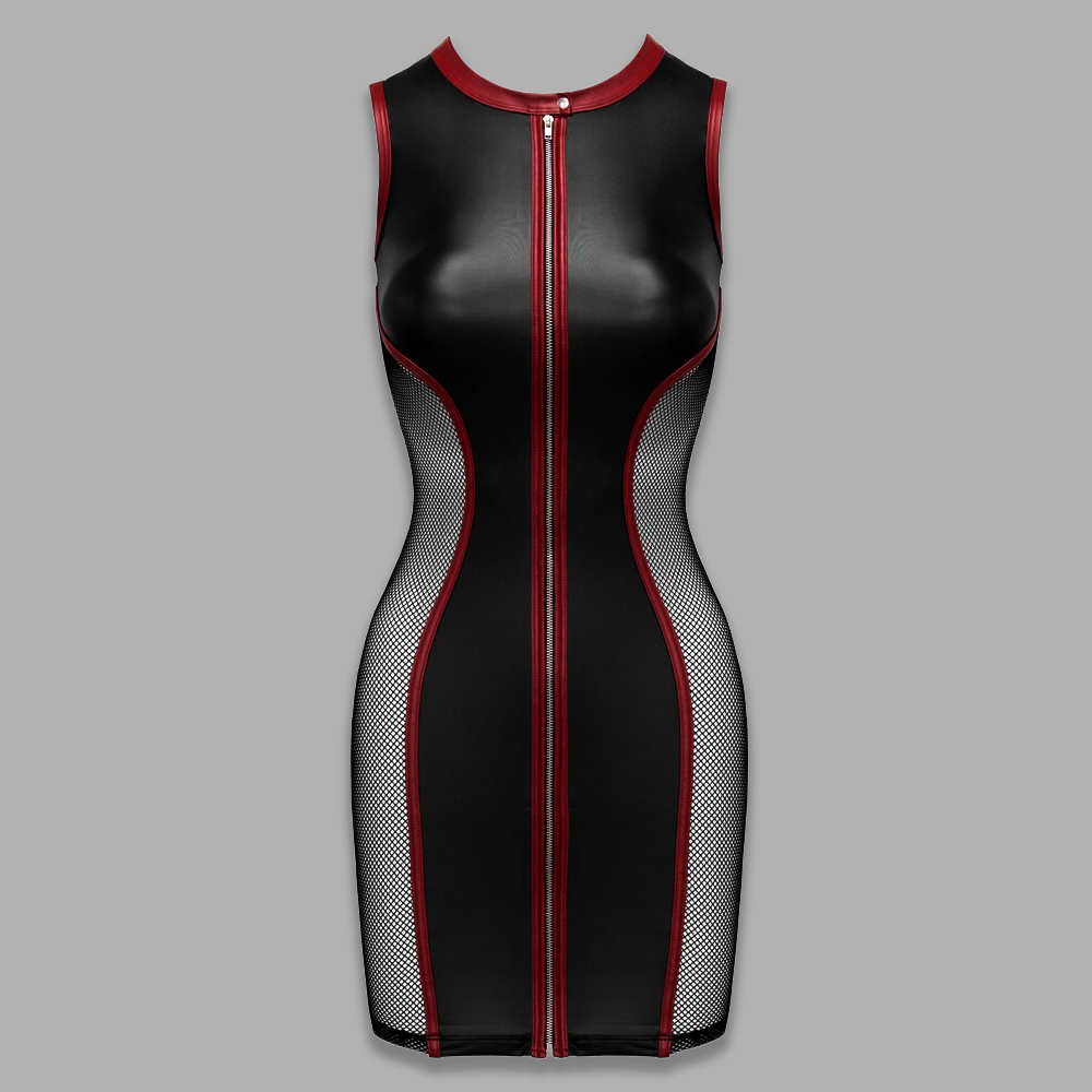 Schwarzes Bodycon Minikleid mit rotem Kontrastdesign und Frontreißverschluss