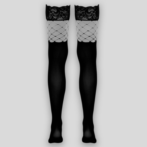 Schwarze halterlose Strümpfe mit Large Fishnet und Spitze