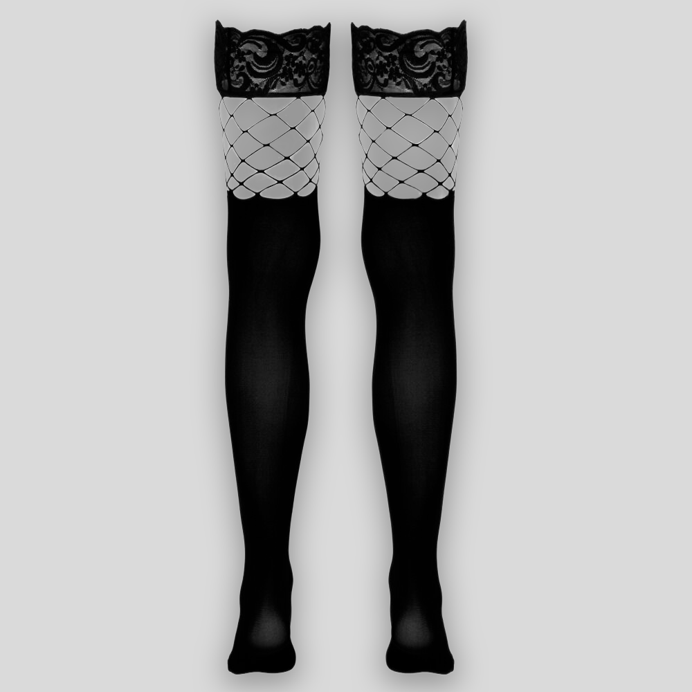Schwarze halterlose Strümpfe mit Large Fishnet und Spitze