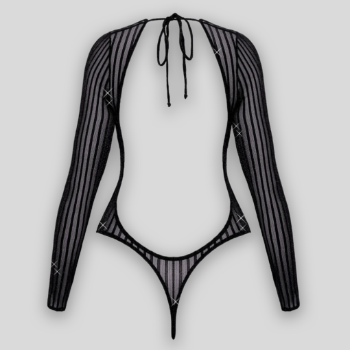 Schwarzer Body mit Lurex-Streifen und rückenfreiem String-Schnitt