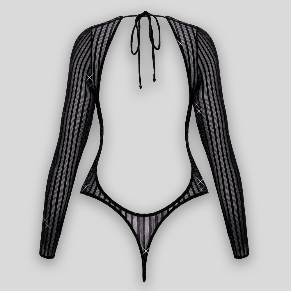 Schwarzer Body mit Lurex-Streifen und rückenfreiem String-Schnitt