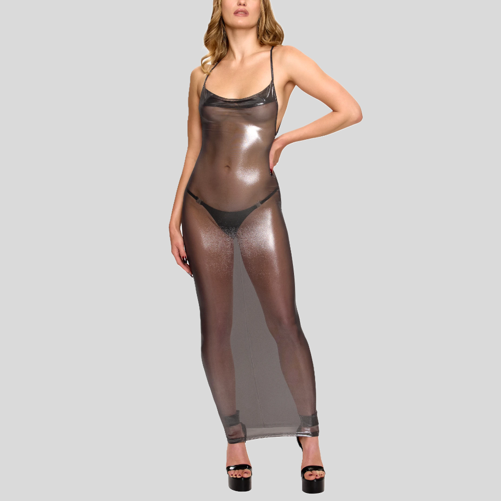 Transparentes Minikleid MOONDUST Silber – Ganzkörperansicht