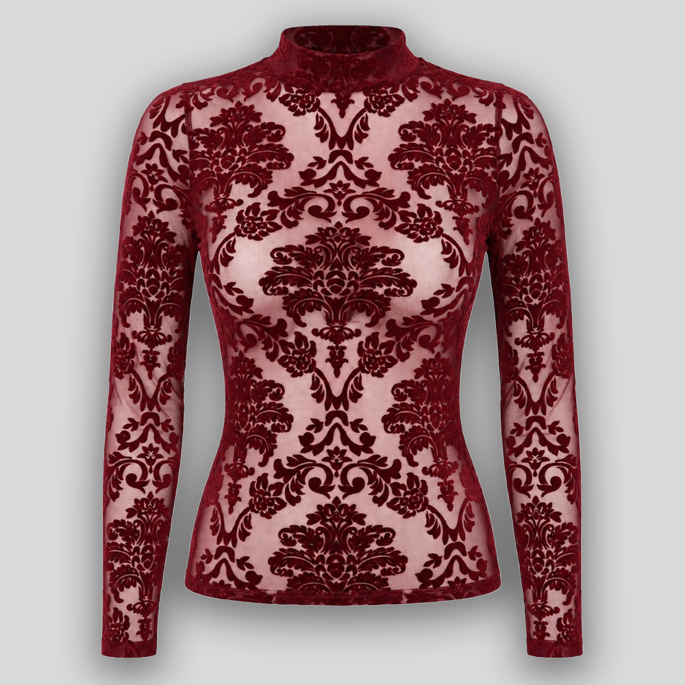 MASQUERADE Mesh Top Burgundy mit Stehkragen