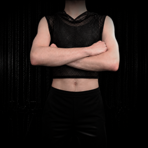 Transparentes Herren Crop Top aus schwarzem Diamond Mesh mit Kapuze und Glitzer