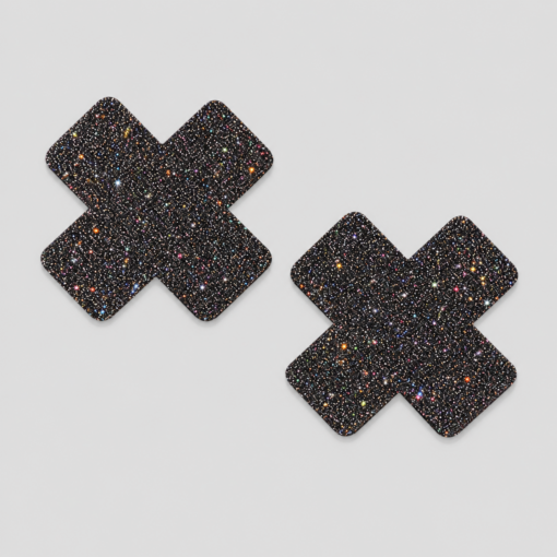 Zwei schwarze X Nipple Pasties mit Glitzereffekt von Schwarzer Reiter