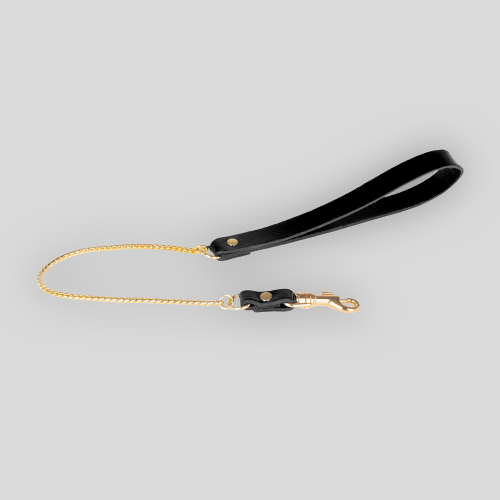 Schwarzer Ledergriff mit goldfarbenen Doppelnieten an der Lederleine Slim