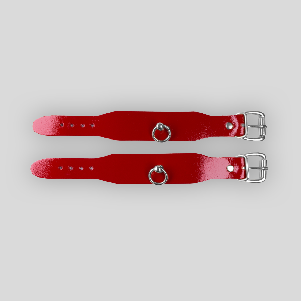 Silberfarbene 20 mm Schnalle an kirschroten Lederhandfesseln mit 3 cm breitem Lederband