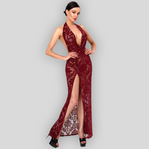 Maxikleid Masquerade aus beflocktem Mesh Rot
