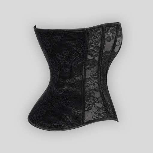 Corsage ONE MORE KISS aus schwarzer Spitze und Powerwetlook von Noir Handmade – Vorderansicht