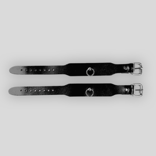 Schwarze Echtlederfußfesseln mit silberfarbenen Doppelnieten und Metallbeschlägen