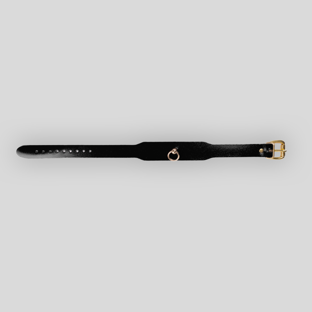 Lederchoker 3,0 Schwarz Gold mit goldfarbenem Metallring zur Befestigung einer Leine
