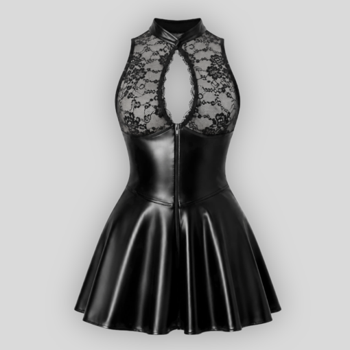 Schwarzes Minikleid ONE MORE KISS mit transparenter Spitze und glänzendem Powerwetlook