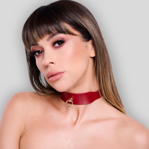 Lederchoker 3,0 Rot Gold mit breitem kirschrotem Lederband und goldfarbenem Metallring