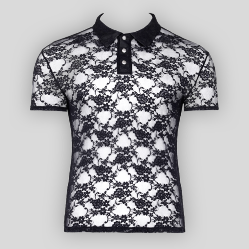 Polohemd aus Spitze Schwarz von Svenjoyment mit transparenter floraler Spitze und blickdichtem Kragen