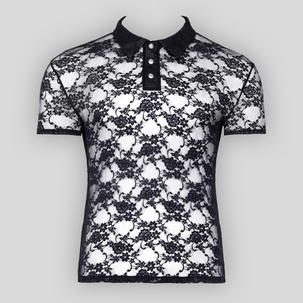 Polohemd aus Spitze Schwarz von Svenjoyment mit transparenter floraler Spitze und blickdichtem Kragen