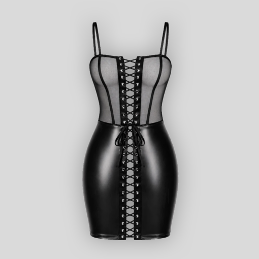 DO NOT DISTURB Powerwetlook-Minikleid Schwarz – getragen hinten