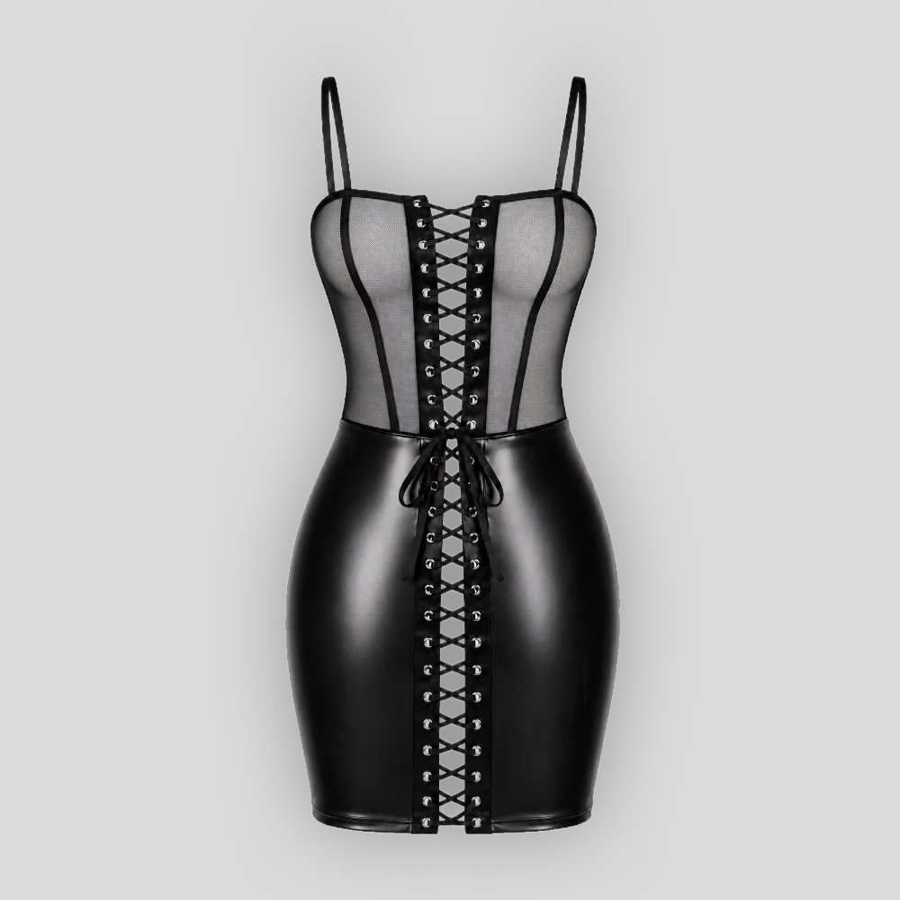 DO NOT DISTURB Powerwetlook-Minikleid Schwarz – getragen hinten