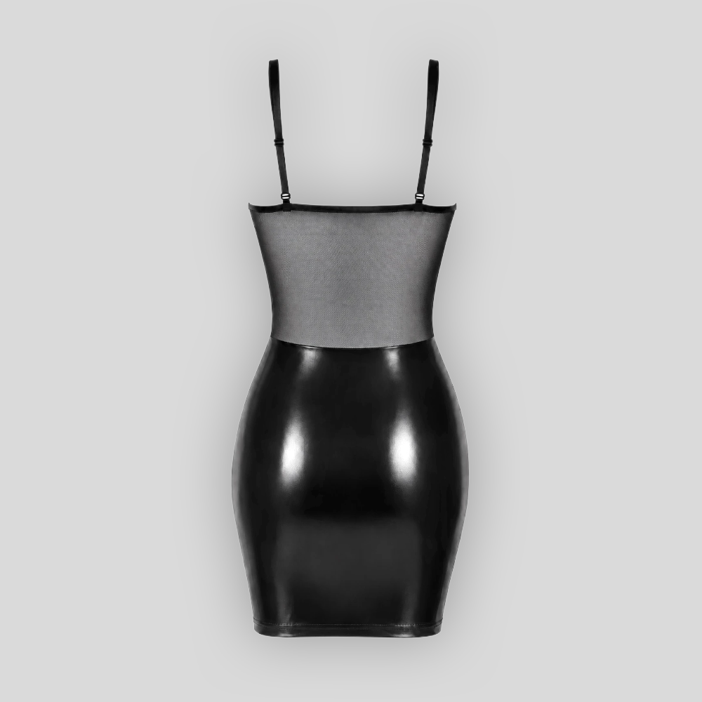 Schwarzes Powerwetlook-Minikleid DO NOT DISTURB von Noir Handmade mit dekorativer Frontschnürung